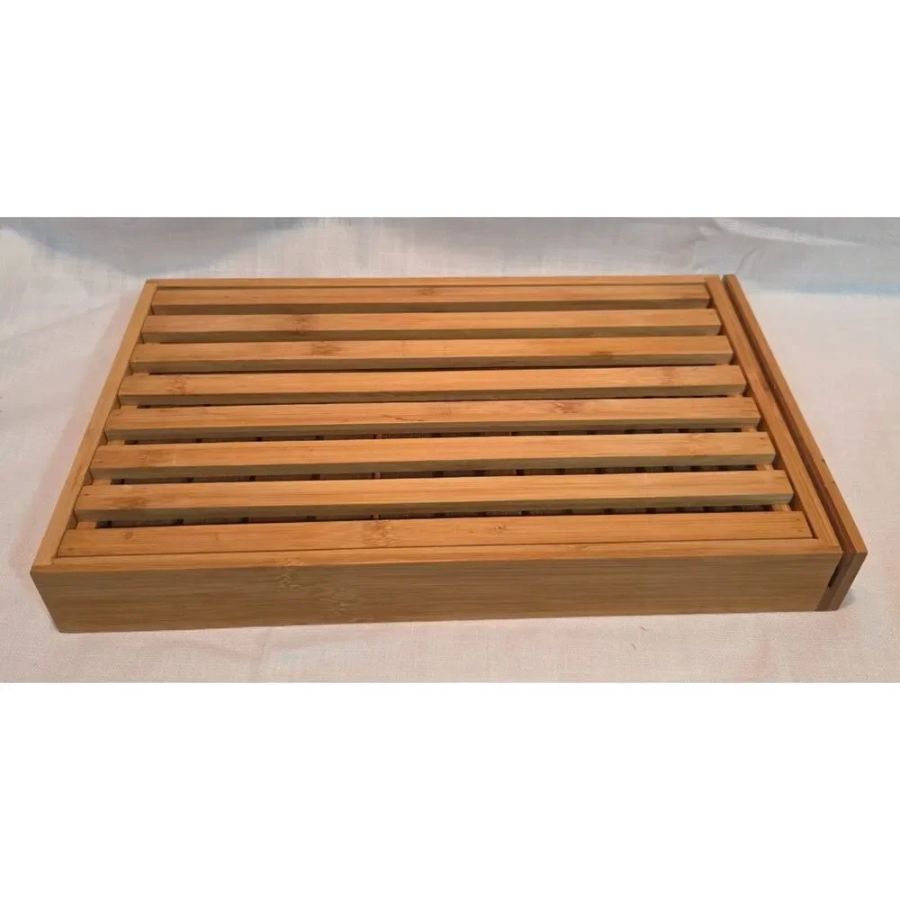 Bamboo Bread Cutting Board Crumb Catcher Removable Slatted Slicing Tray